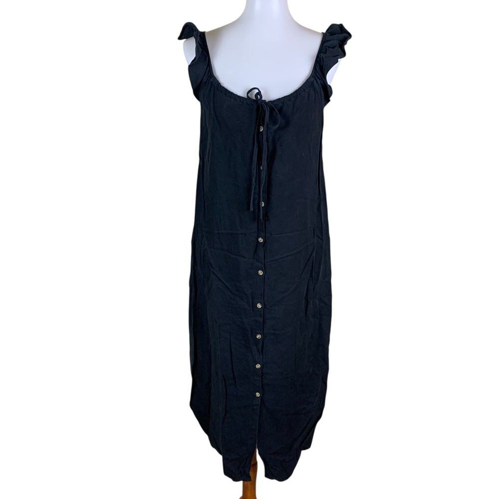 Hatch Black Midi Button-Front Ruffle Strap Dress
